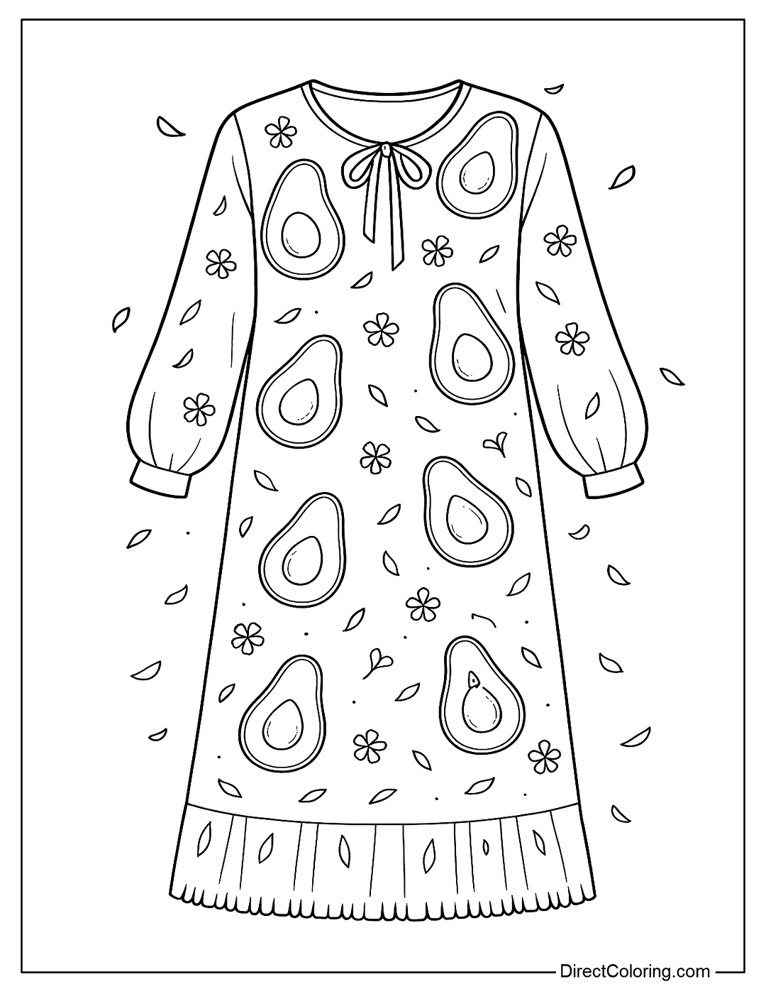 A long-sleeved blouse coloring page with buttercup motifs, lightly tied ribbons, and flying petals
